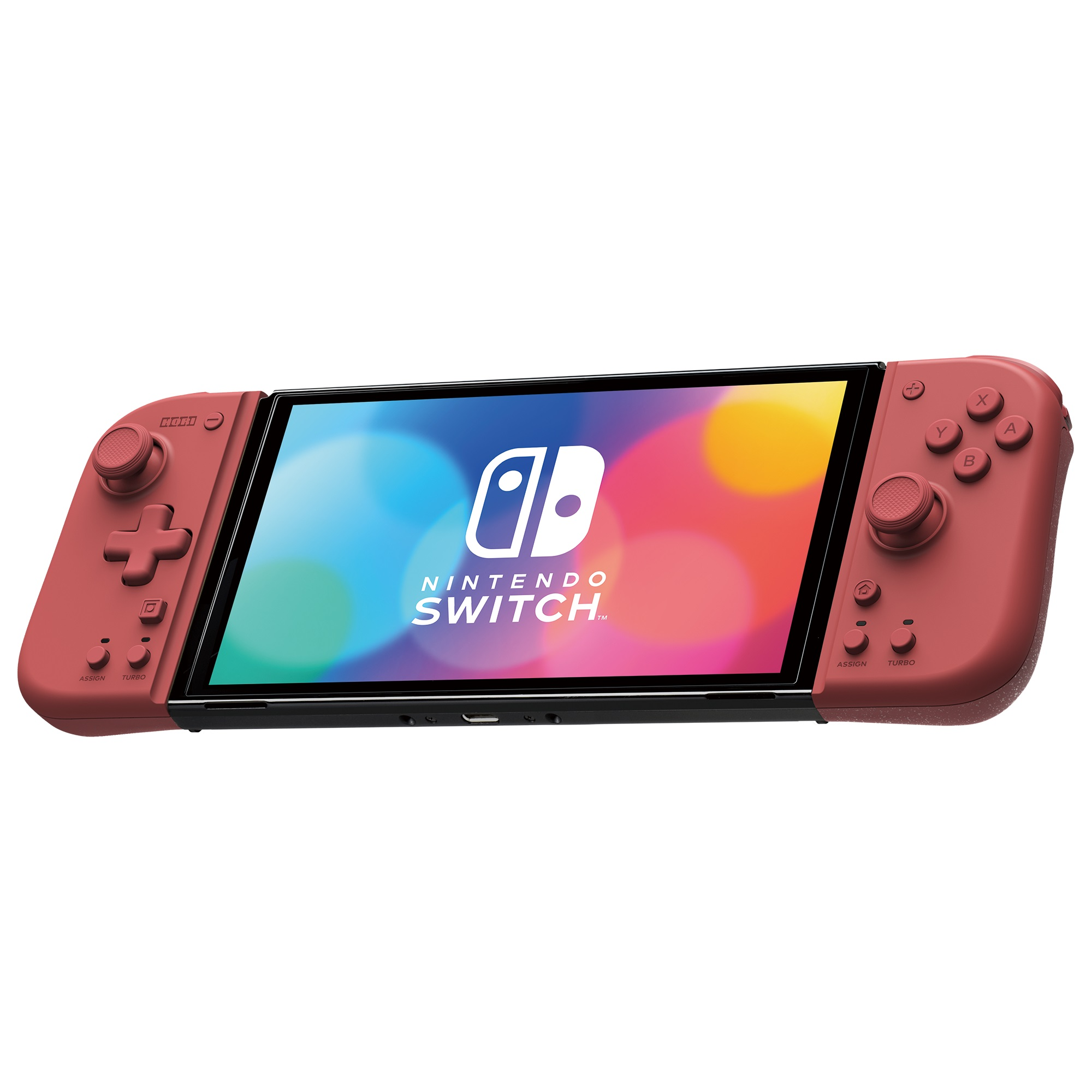 Roter Nintendo Switch mit angeschlossenen Controllern, zeigt einen bunten Bildschirm.