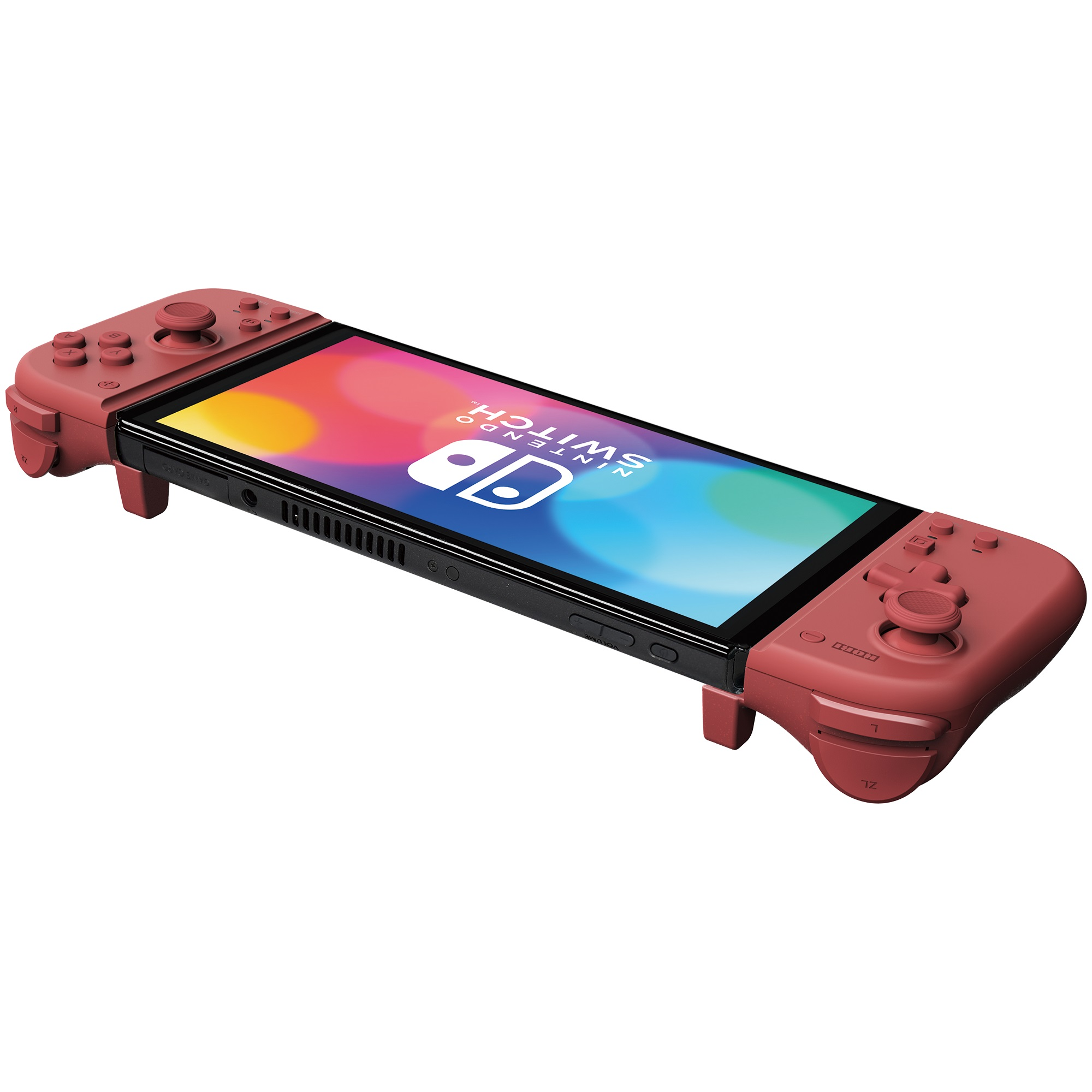 Roter Switch-Controller mit Bildschirm. Der Bildschirm zeigt ein farbenfrohes Bild. Rote Controller sind angebracht.
