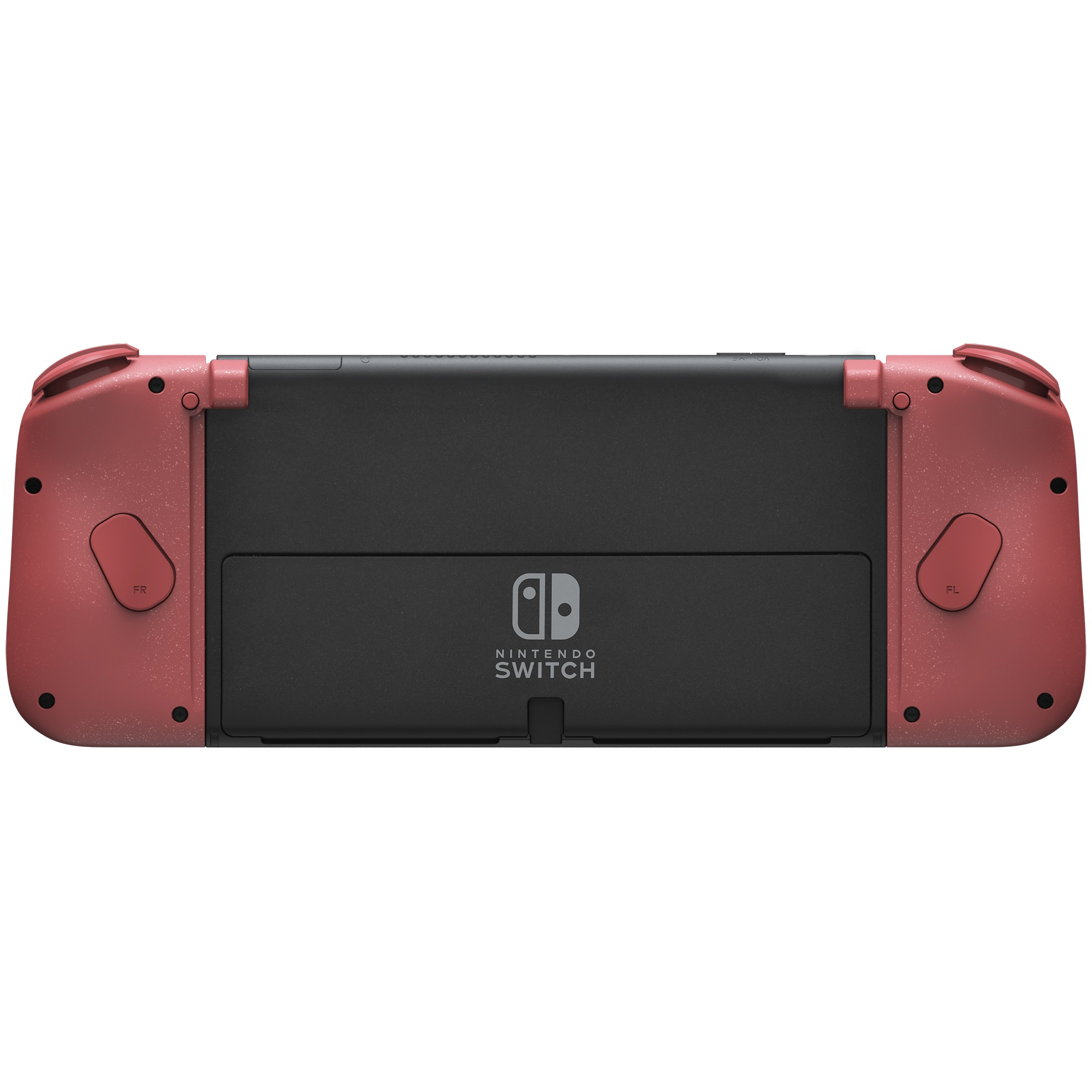 Rückseite eines pinkfarbenen Nintendo Switch Joy-Con-Controllers. Schwarzes Rückteil mit dem Nintendo Switch-Logo.