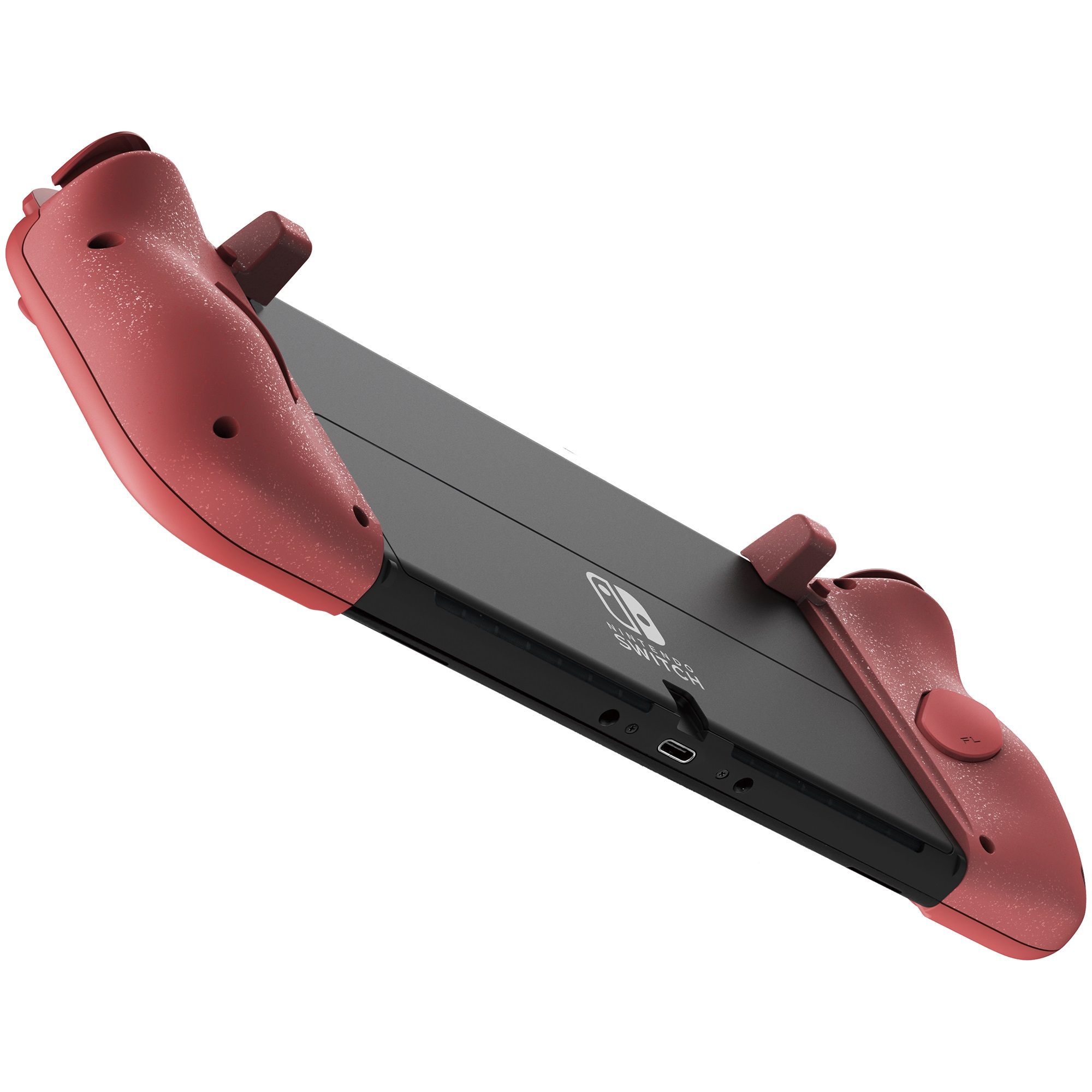 Ein roter Switch-Controller, der an einem schwarzen Switch-Gerät befestigt ist und zum Betrachter geneigt ist.