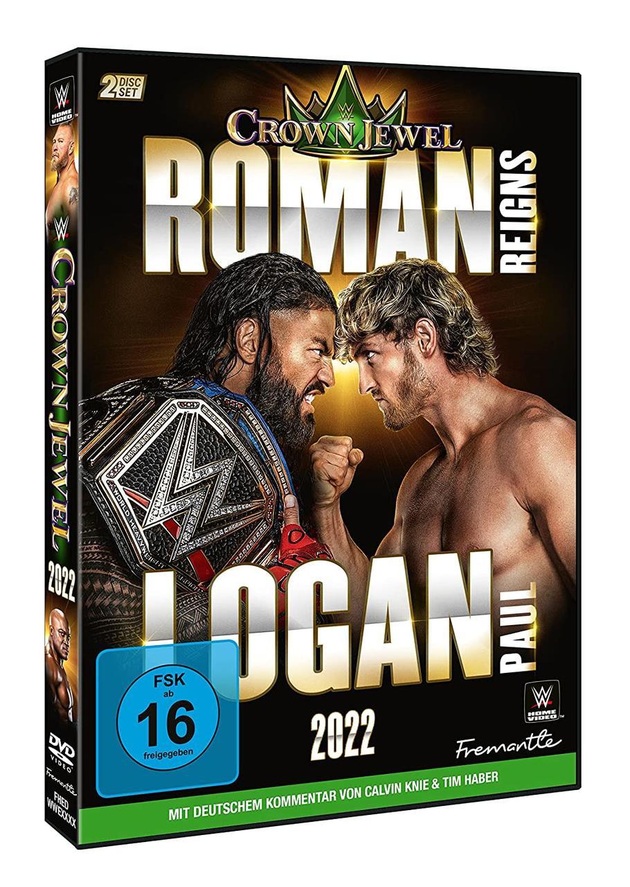 Die WWE Crown Jewel 2022 DVD-Box-Set. Roman Reigns und Logan Paul stehen sich gegenüber.