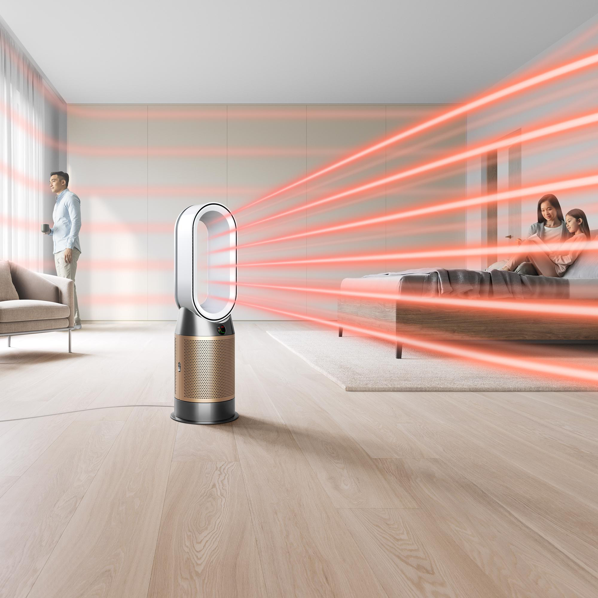 Ein Raum mit einem Ventilator, der rote Strahlen aussendet.