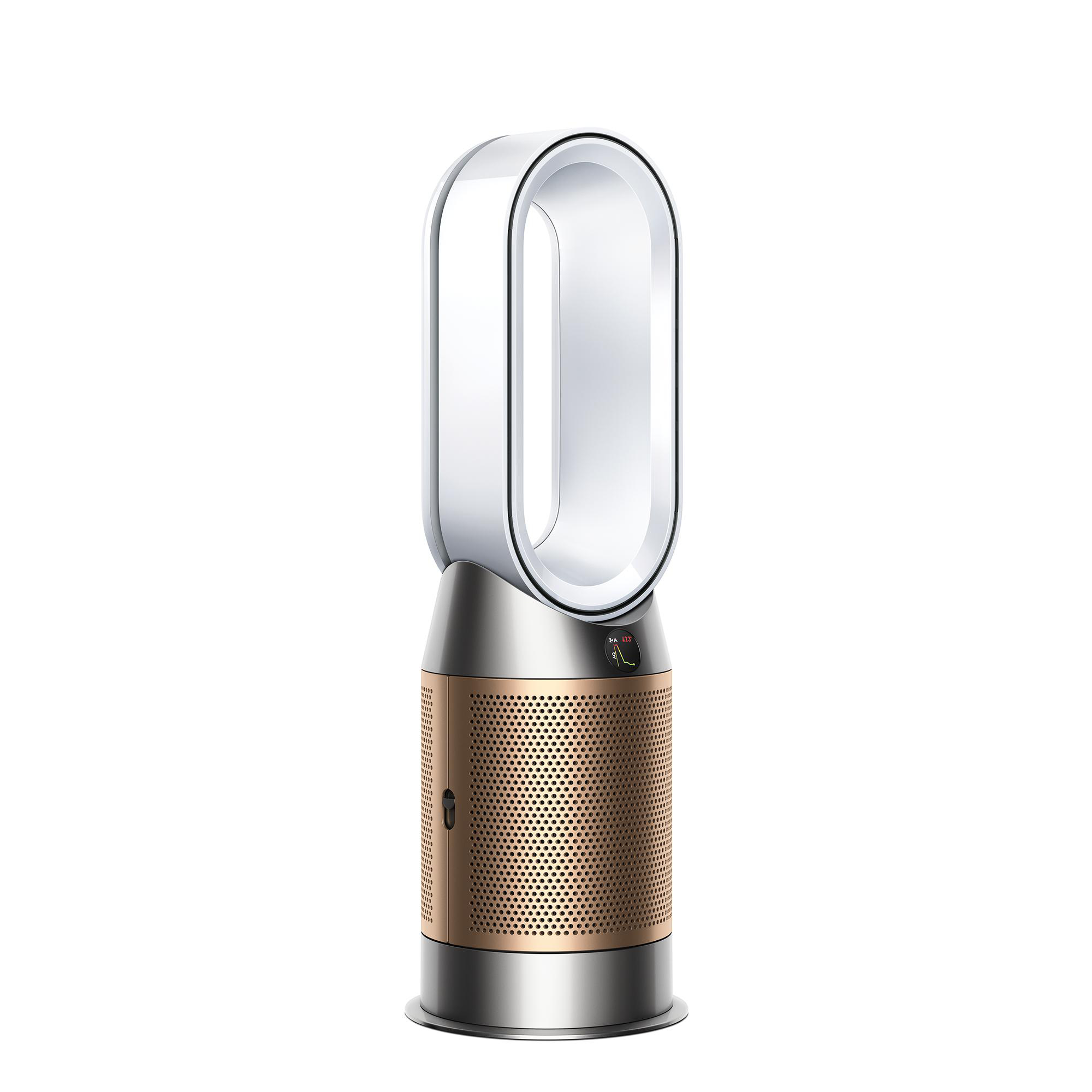 Weißer und goldener Turmventilator mit kreisförmigem Luftauslass.