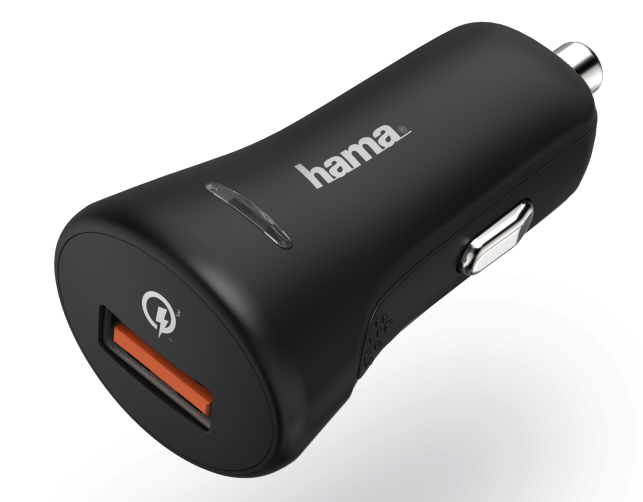 Fekete autós töltő USB porttal és gyorstöltés logóval, a márkajelzéssel.