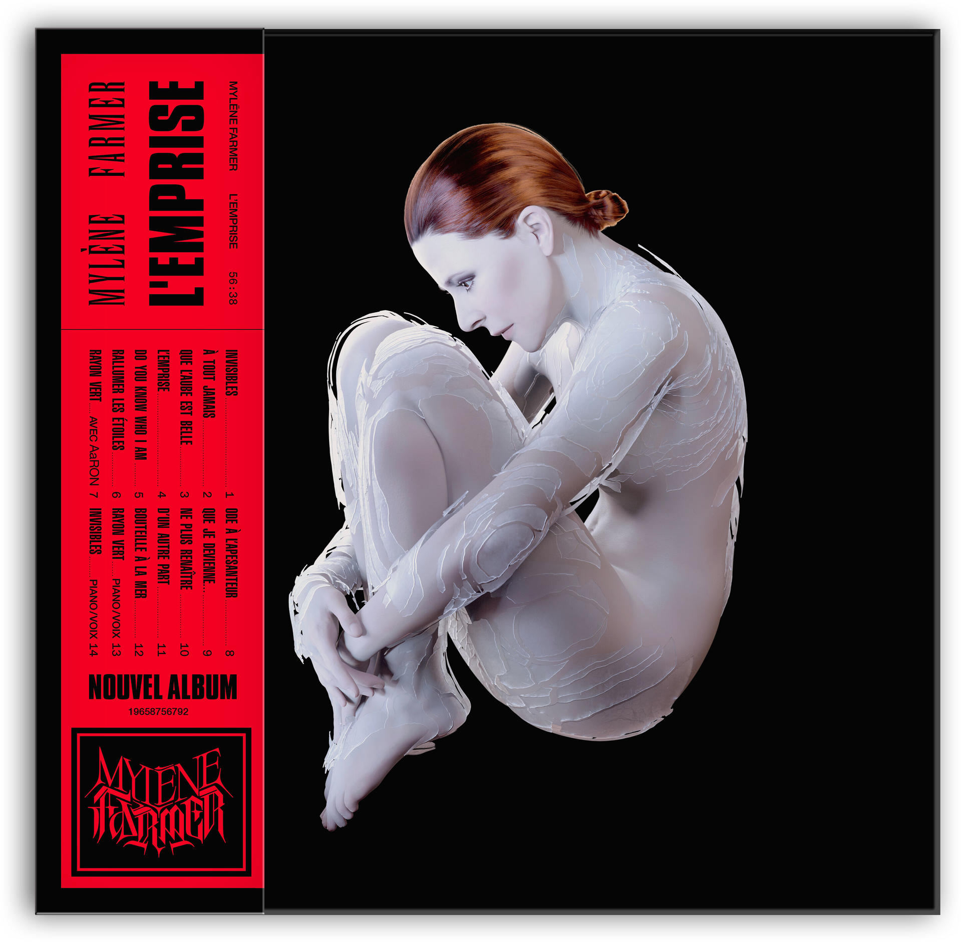 Album cover of Mylène Farmer, a woman in white body suit against a black background, album title.