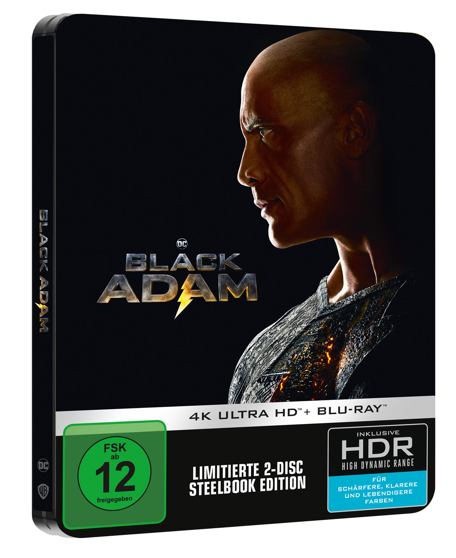 Black Adam Blu-ray-Cover. Das Bild von The Rock ist prominent. Text und Logo sichtbar.