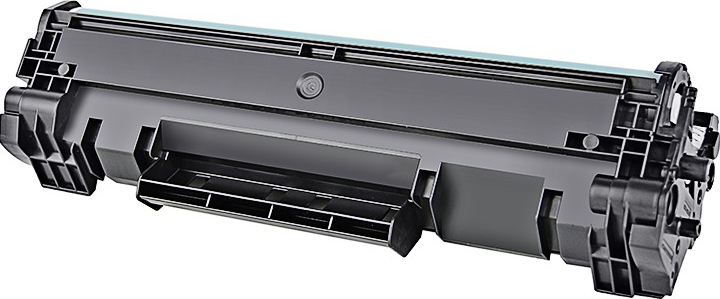 Cartuccia della stampante nera con cilindro interno azzurro, isolata su sfondo bianco.