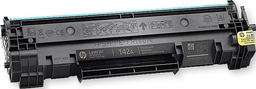 Una cartuccia toner HP 142A nera e ciano. La parte anteriore mostra il modello e il marchio.