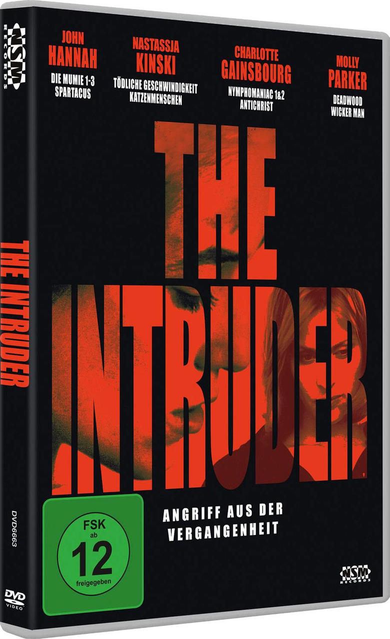 DVD-Hülle mit dem Text 'THE INTRUDER' in Rot. Namen von Schauspielern und ein Rating-Aufkleber sind vorhanden.