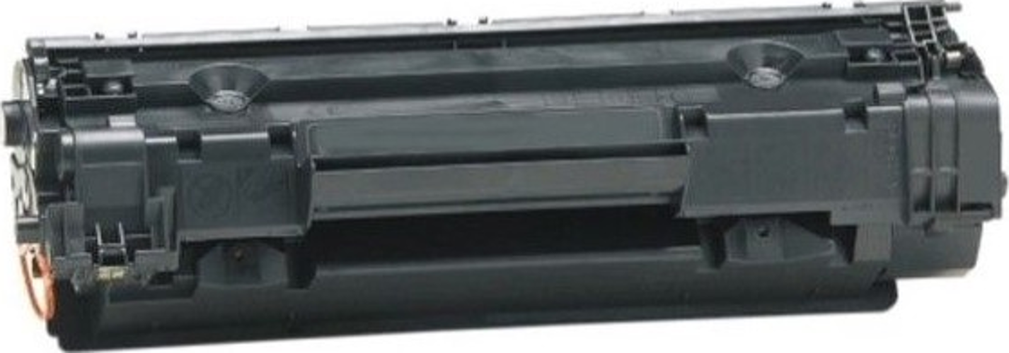 Una cartuccia di toner per stampante nera, vista da vicino.
