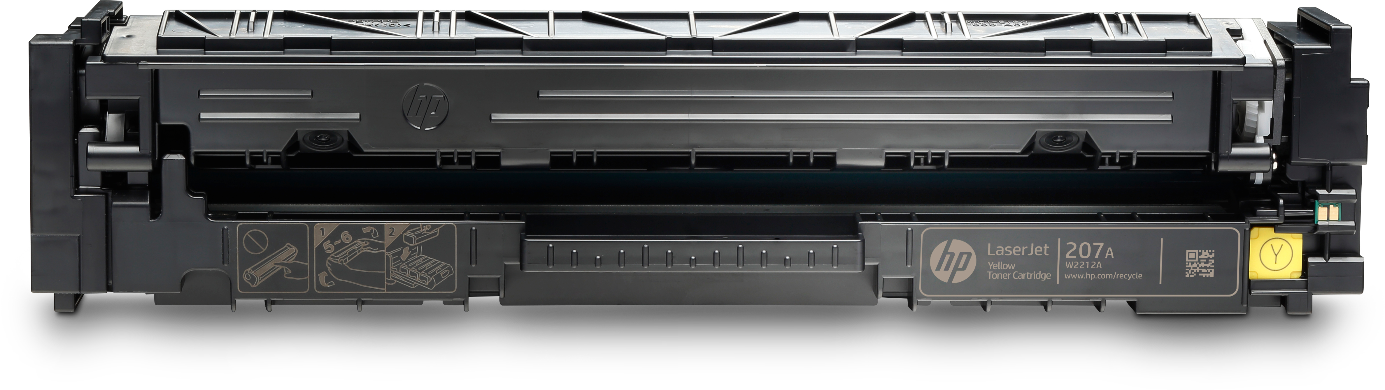 Une cartouche de toner HP jaune avec des composants en plastique noir.