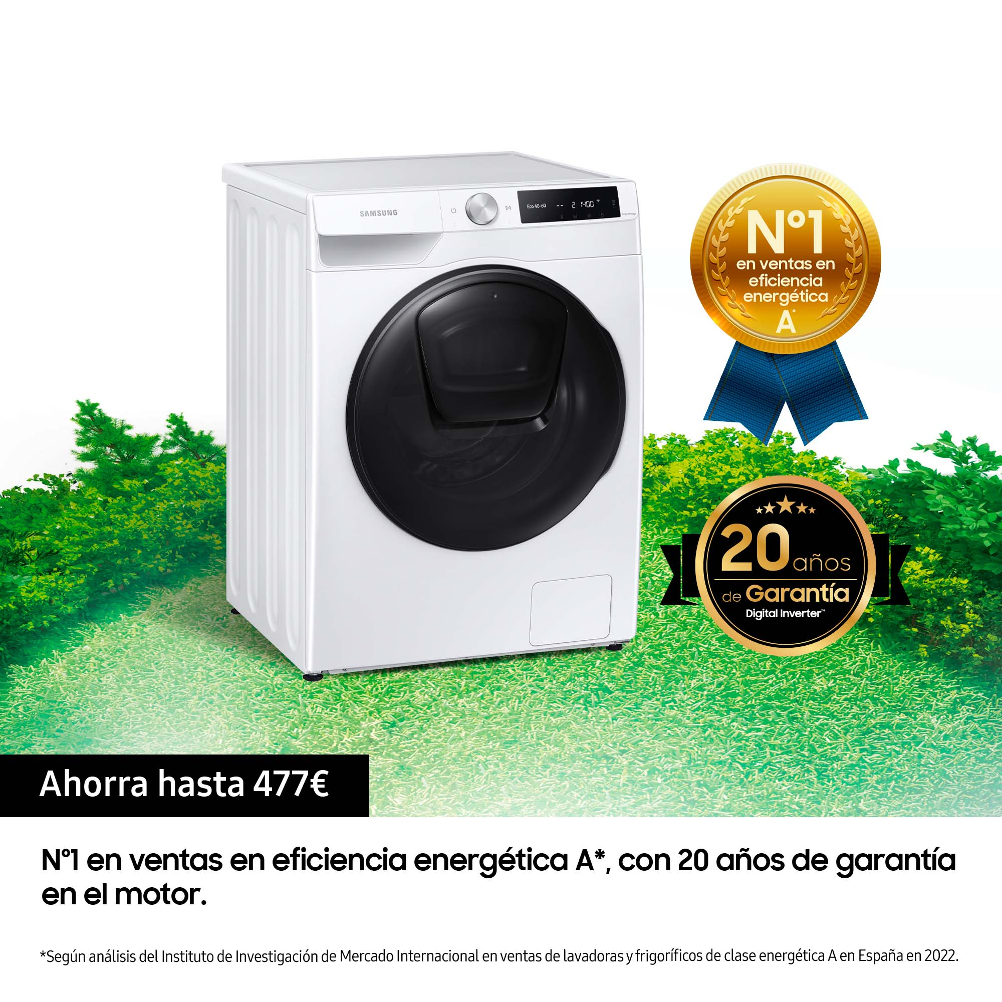 Lavadora blanca, con cinta azul, texto en español, hierba verde.