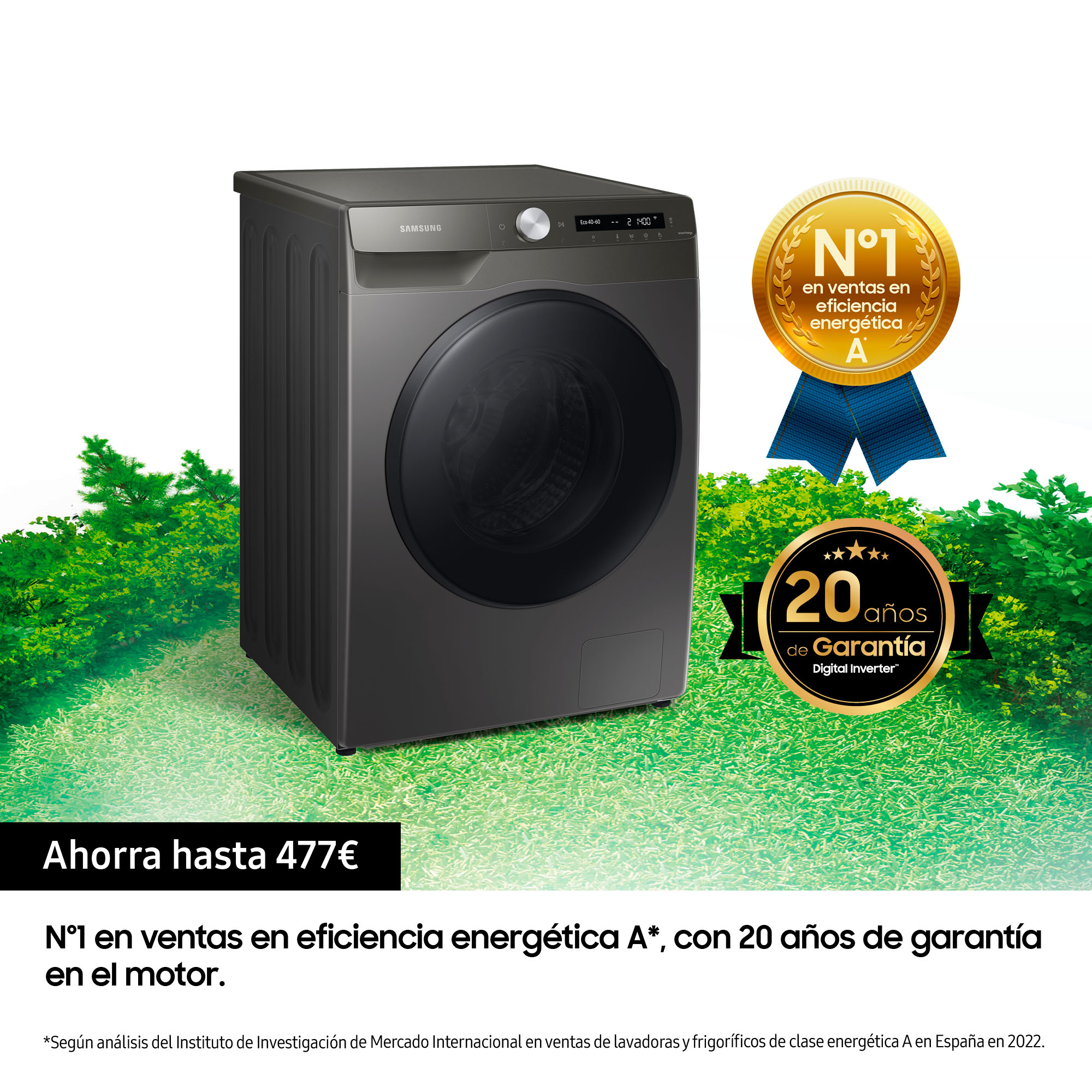 Lavadora Samsung negra. Insignia dorada y texto: 'N°1 en eficiencia energética A'. Fondo verde.