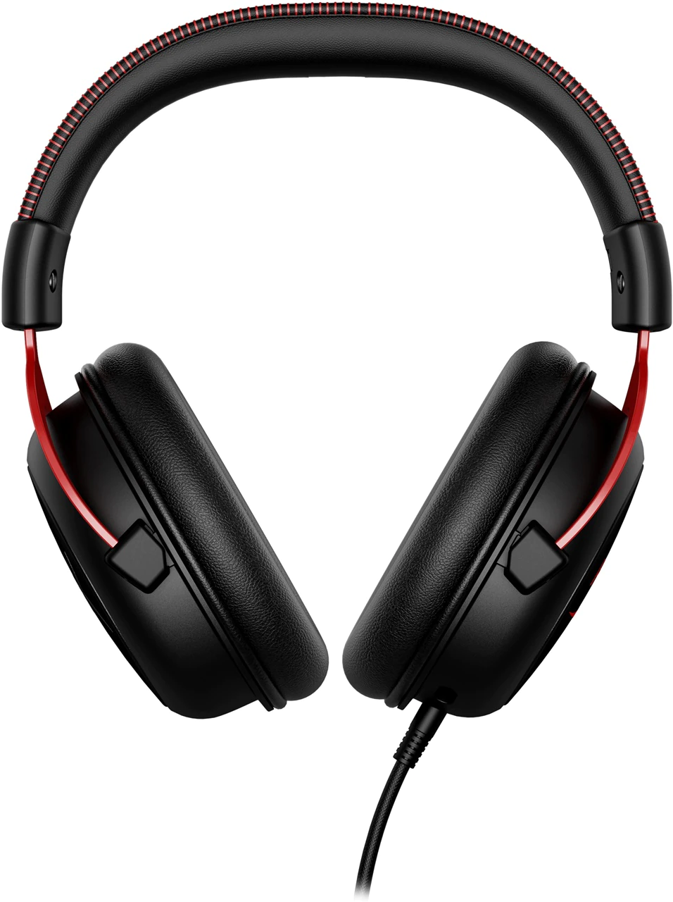 Fekete és piros gamer headset fehér háttér előtt.