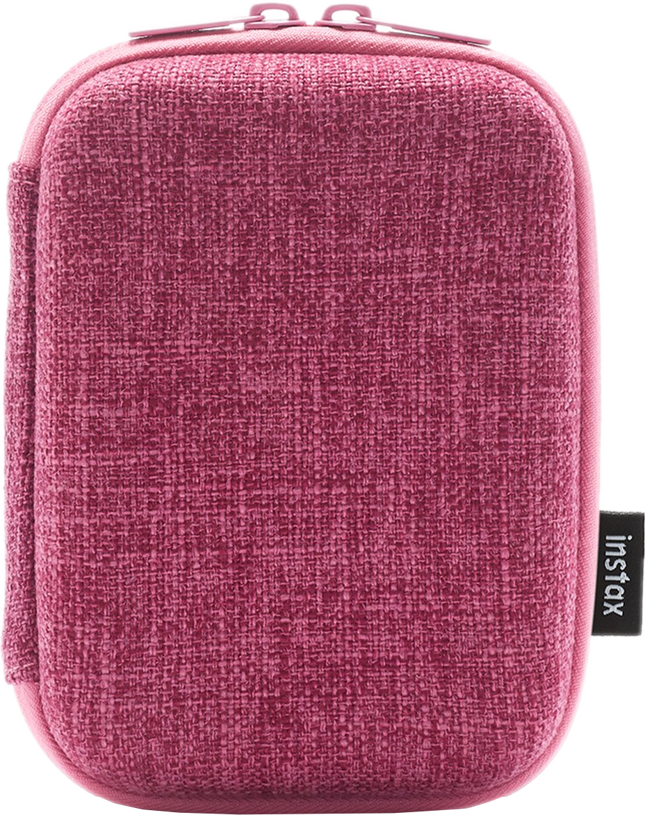 Étui rose zippé avec texte 'instax', sur fond blanc.