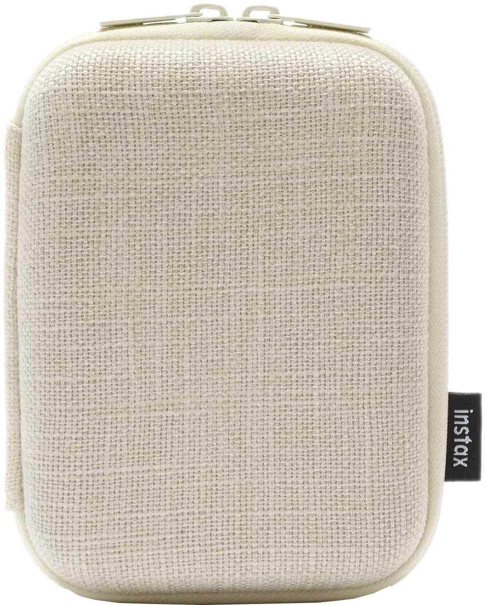 Een crèmekleurige Instax camerahoes met een ritssluiting. Het Instax-logo staat rechts.