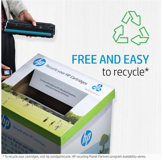 Boîte de recyclage HP avec cartouche et texte.