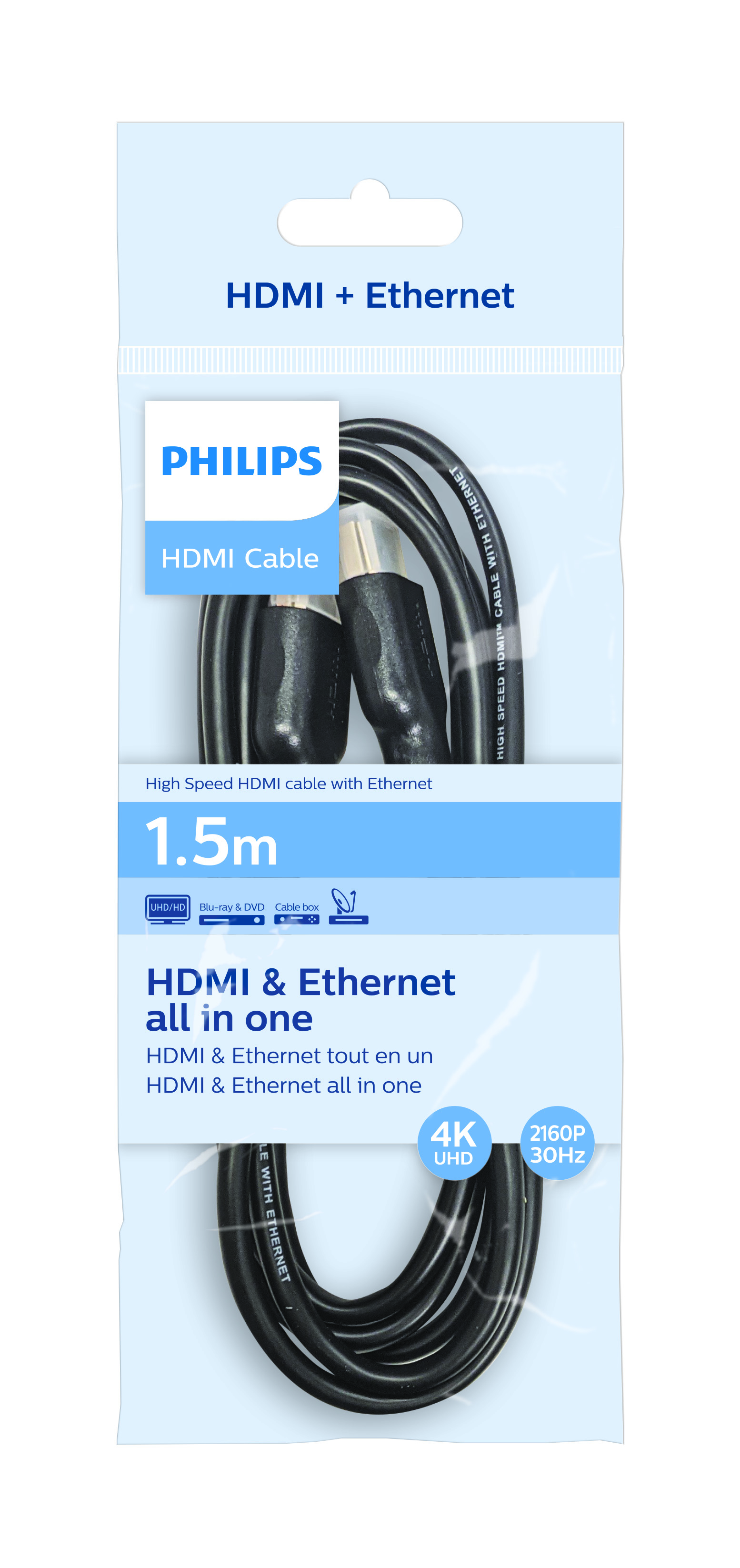 Siyah HDMI kablosu Philips ambalajında. HDMI ve Ethernet özellikli, 1,5m uzunluğunda.