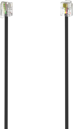 Zwei schwarze Telefonkabel mit transparenten Steckern an den Enden.