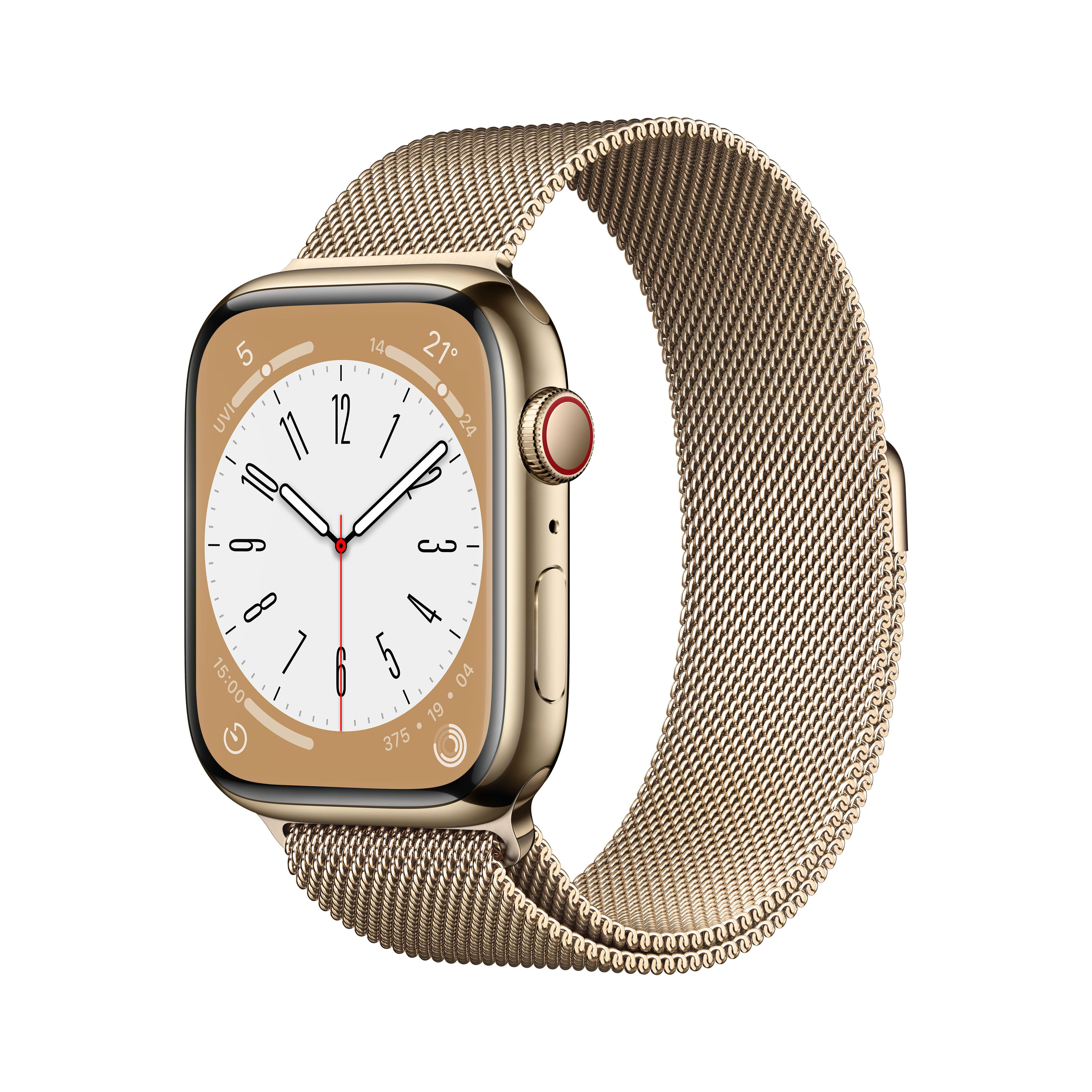 APPLE Watch Series 8 (GPS + Cellular) 45 mm Smartwatch Edelstahl Milanaise, 140 - 220 mm, Armband: Gold, Gehäuse: Gold