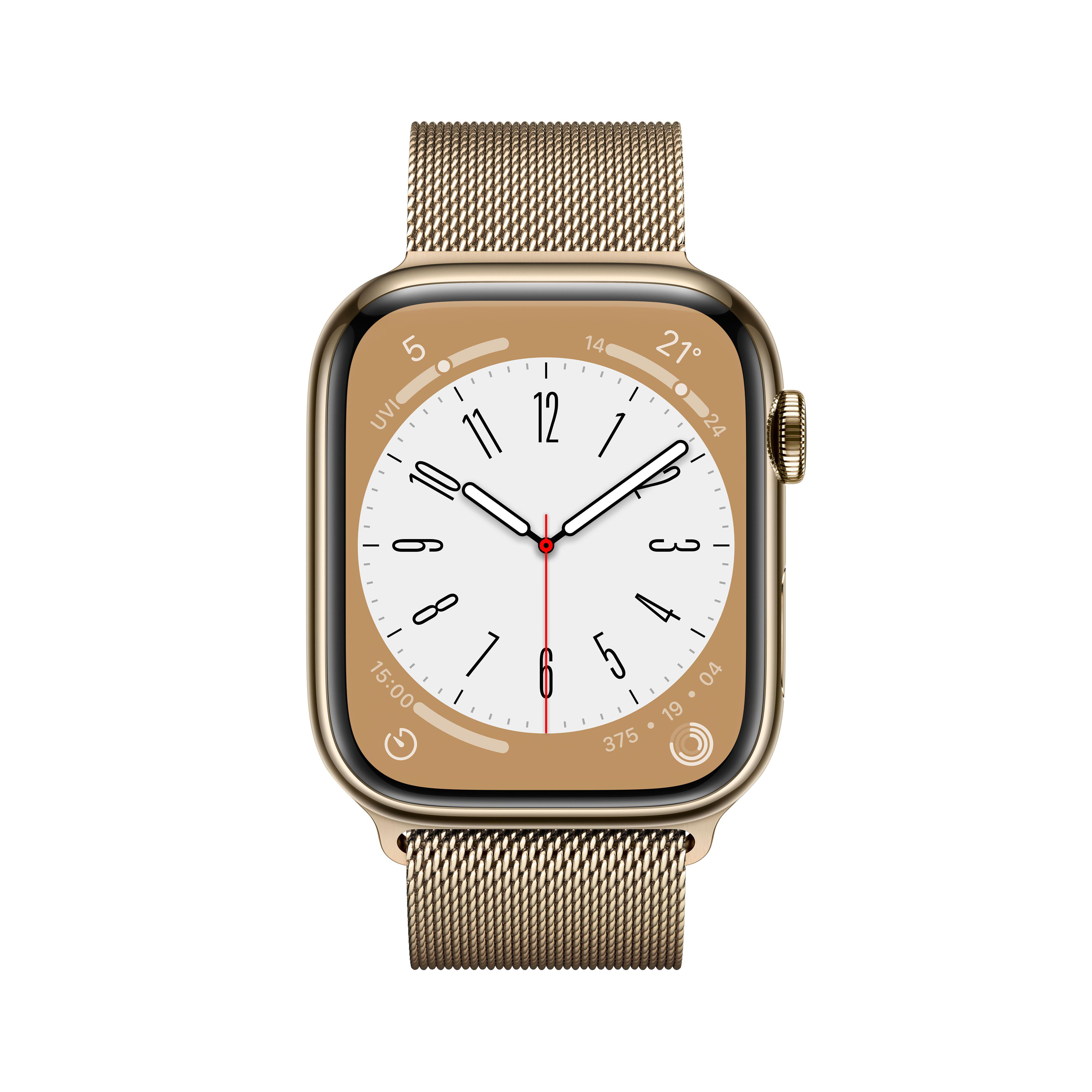 APPLE Watch Series 8 (GPS + Cellular) 45 mm Smartwatch Edelstahl Milanaise, 140 - 220 mm, Armband: Gold, Gehäuse: Gold