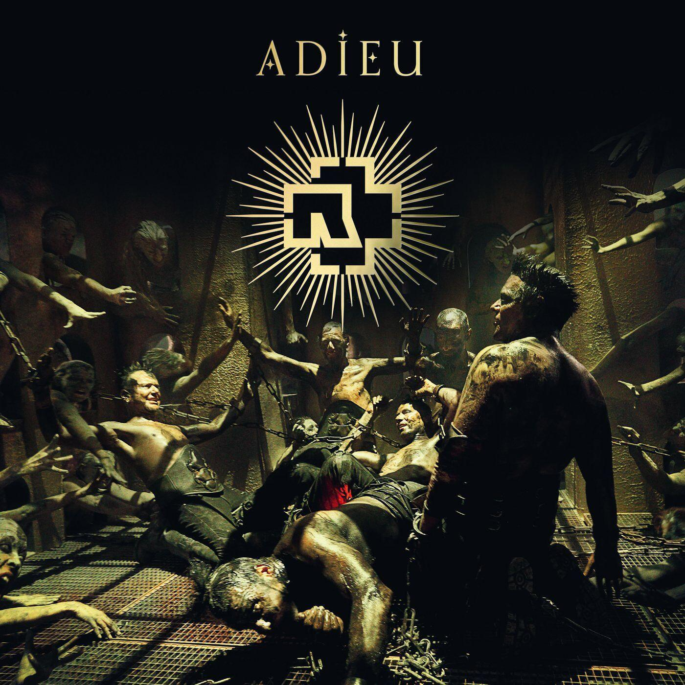 Albumcover mit dem Wort 'ADIEU', Rammstein-Logo und Figuren in dunkler Umgebung.