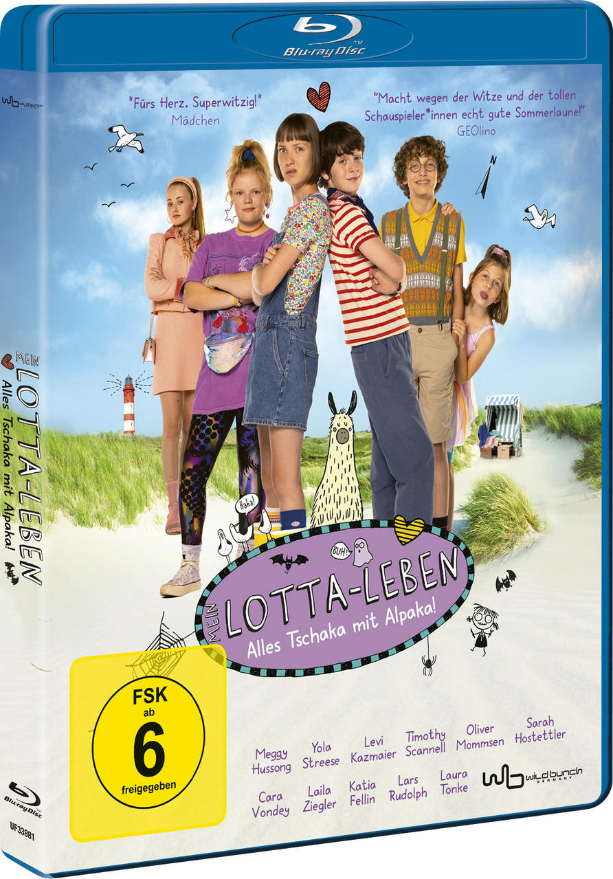 Blu-ray-Disc-Cover für 'Lotta-Leben'. Kindergruppe am Strand, Leuchtturm und Filmtitel.