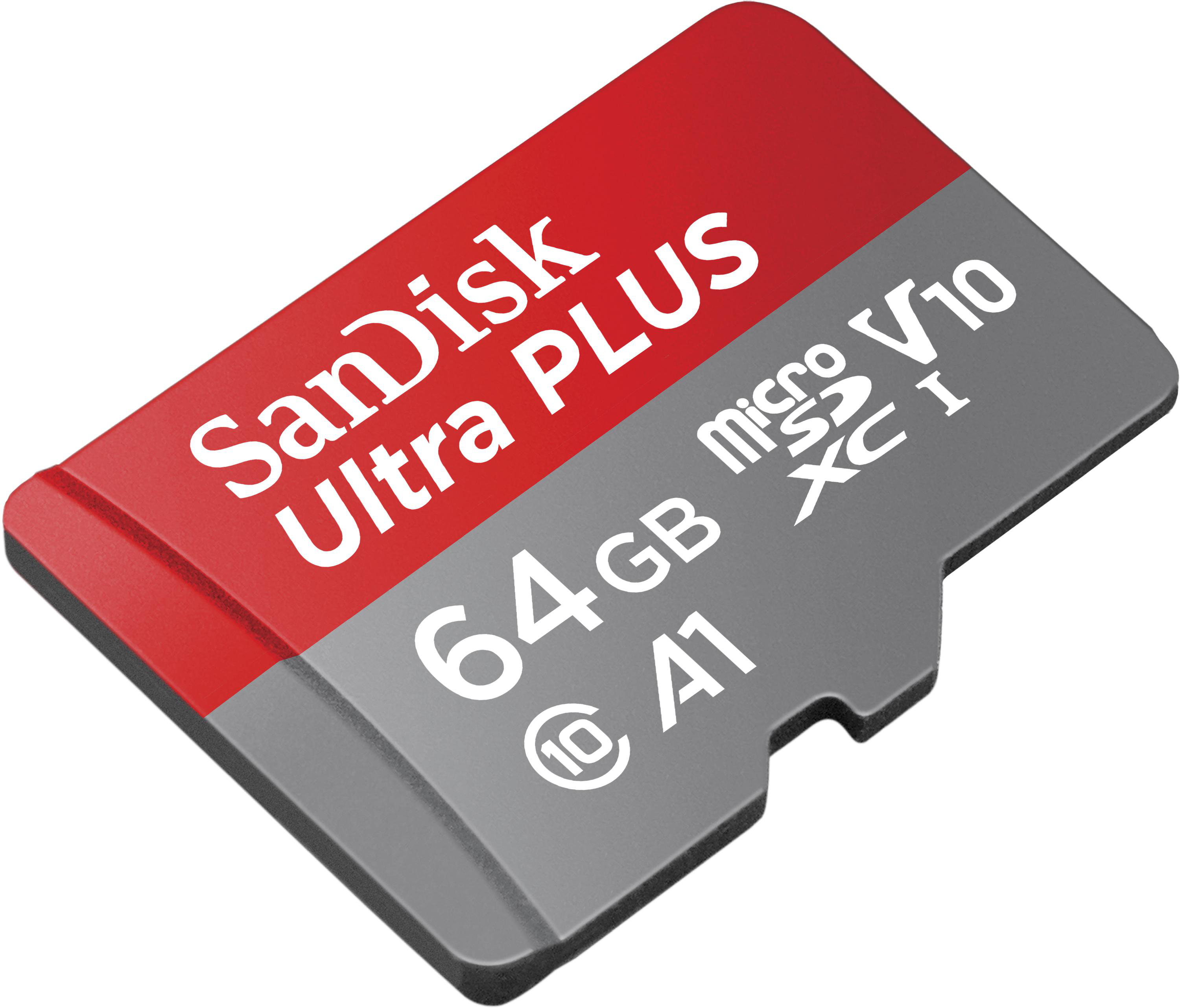 Rote und graue SanDisk Ultra PLUS microSD-Karte, 64GB, mit weißem Hintergrund.