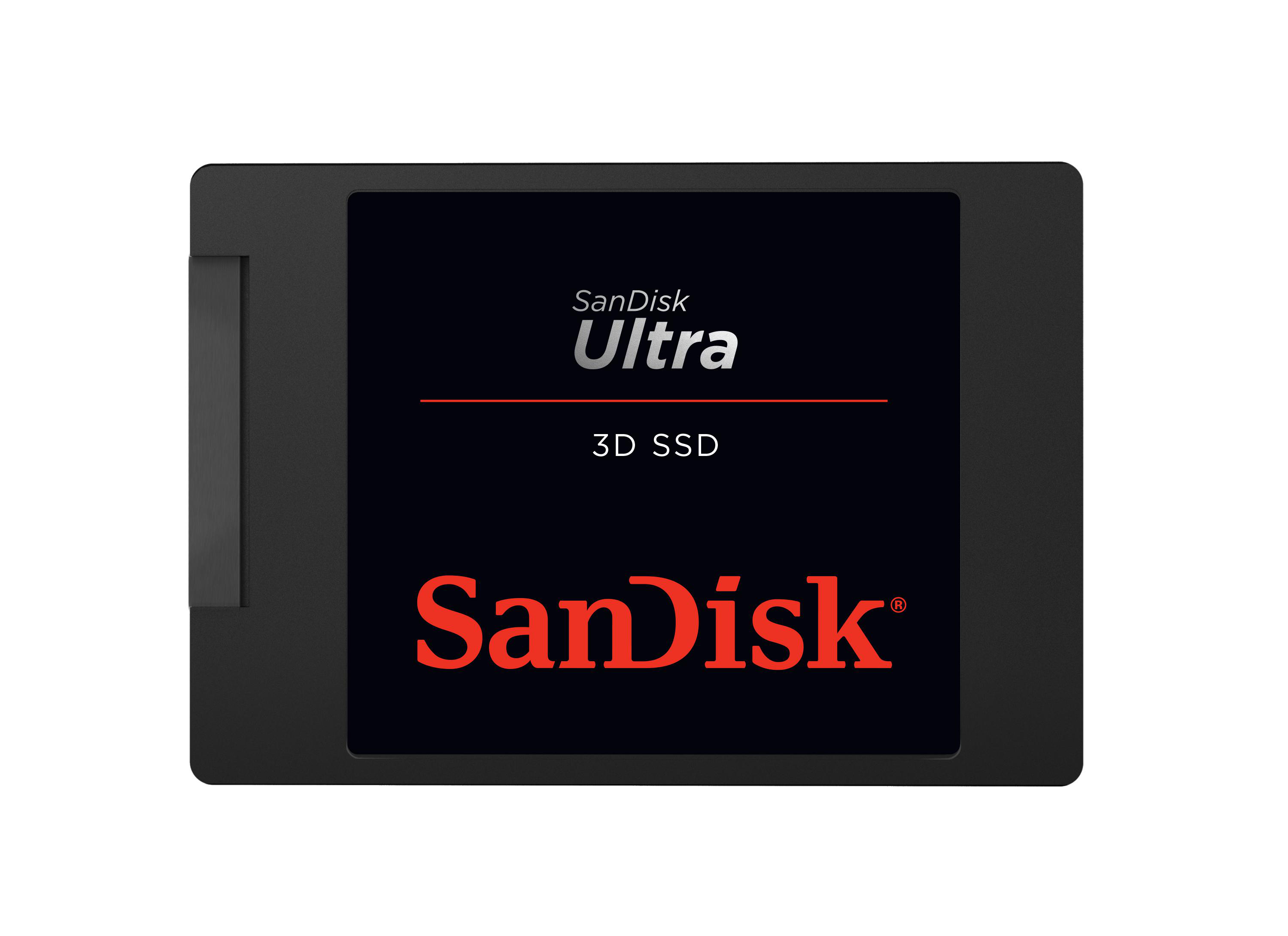 Schwarz-graue SanDisk Ultra 3D SSD. Der Markenname ist rot.