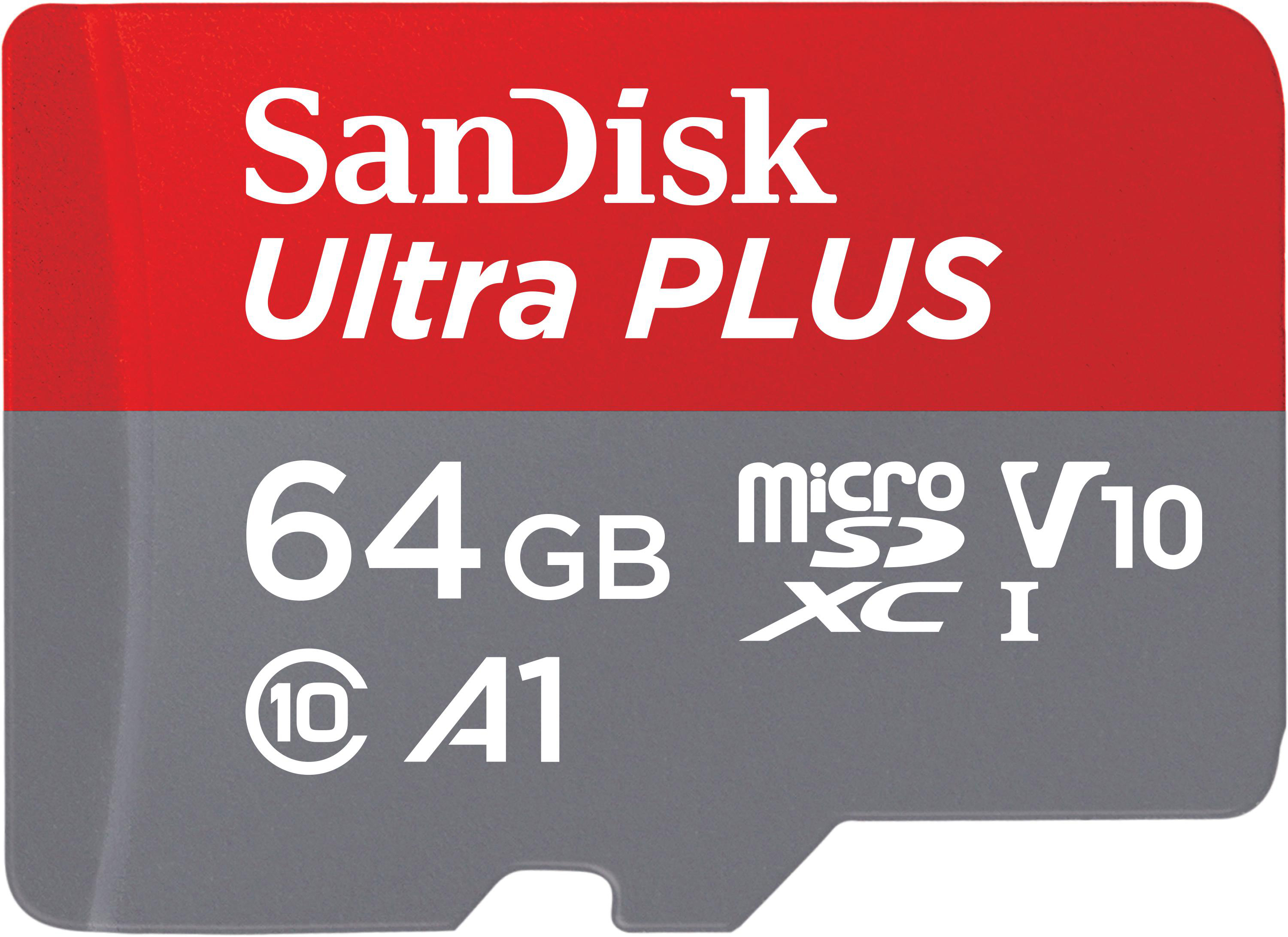 Sandisk Ultra Plus microSD-Karte, rot und grau, mit Text und Spezifikationen, weißer Hintergrund.