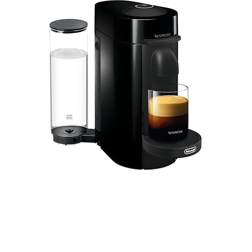 Cafetera Nespresso negra con un vaso de café.