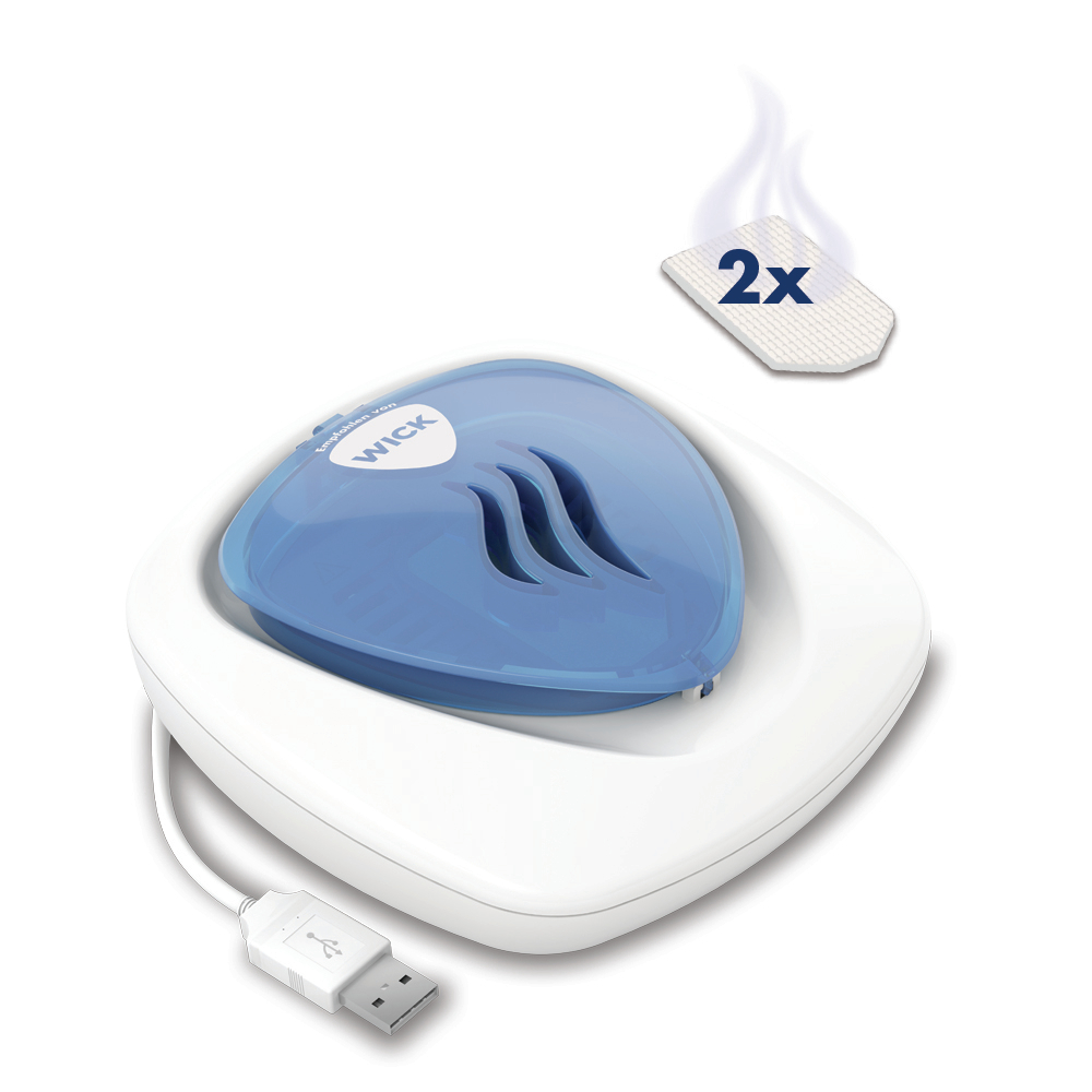 Weiß-blauer WICK Luftreiniger mit USB-Kabel und 2 Pads.