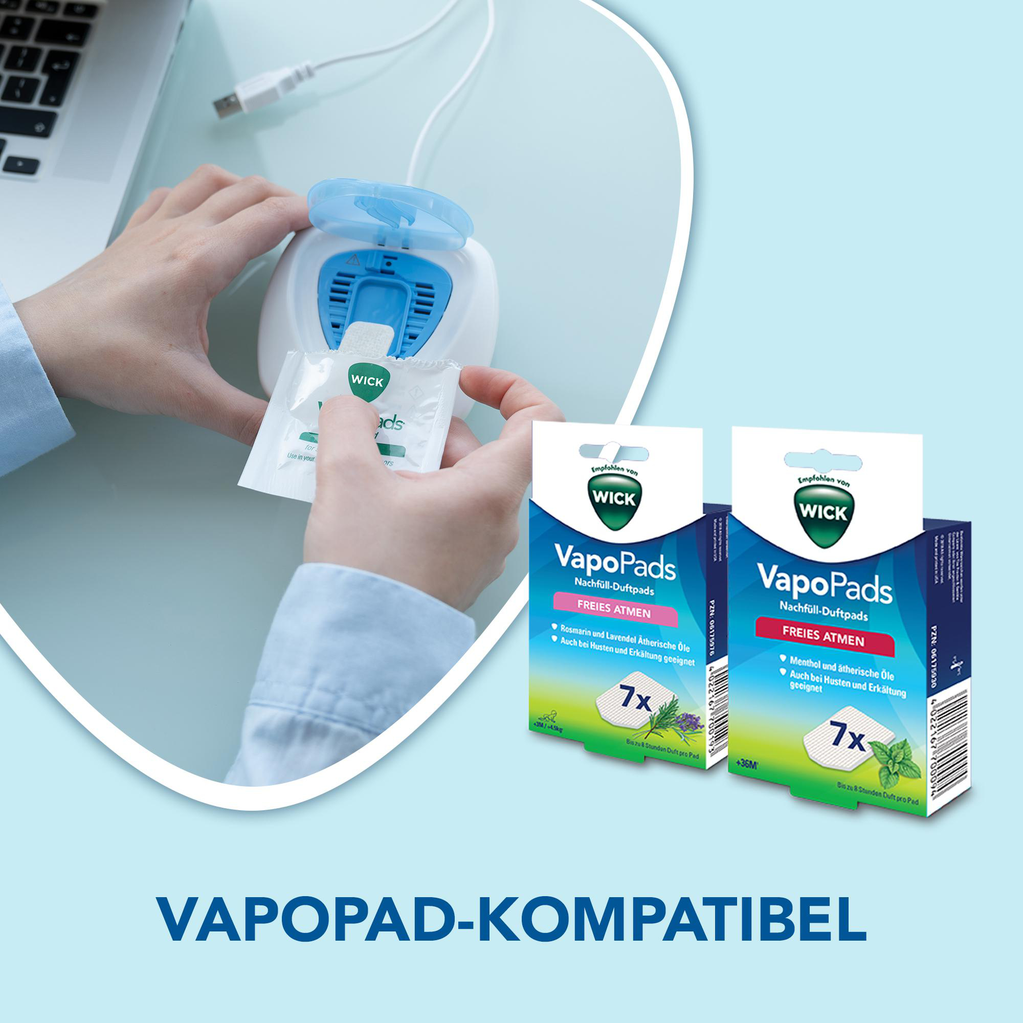 Person benutzt VapoPads, ein weißes Gerät und zwei Packungen Nachfüllpads.