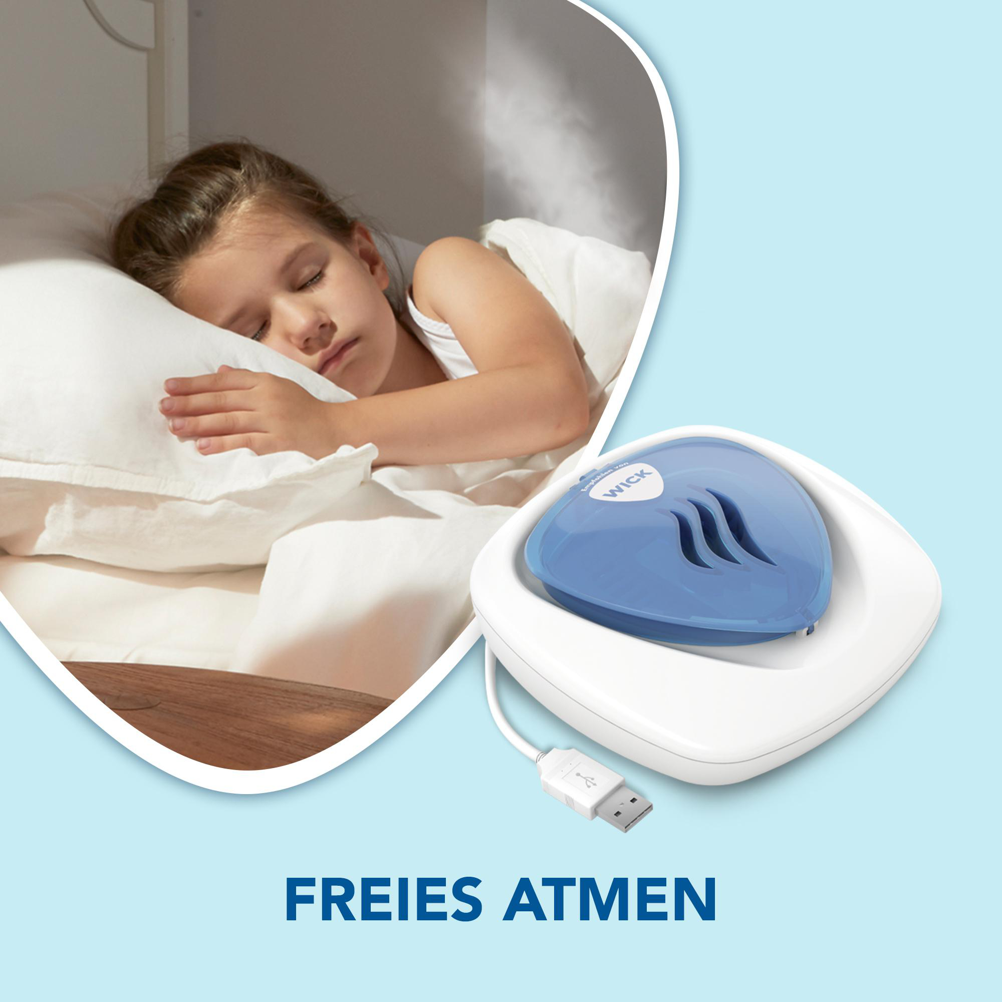 Schlafendes Mädchen, Wick-Luftbefeuchter, blau und weiß, USB-Kabel, blauer Hintergrund.