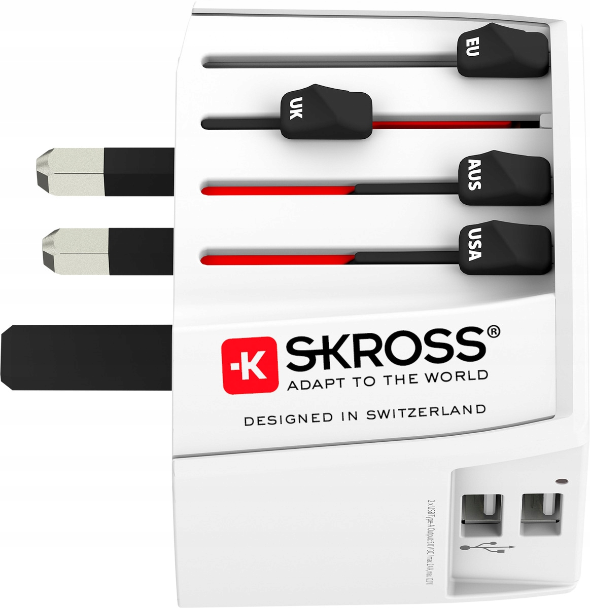 Adaptateur universel blanc avec prises pour UE, Royaume-Uni, AUS et USA. Marque SKROSS.