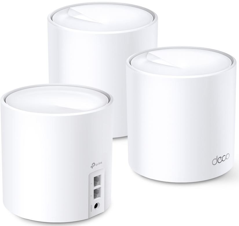 Trois routeurs wifi maillés cylindriques blancs. L'un a des ports visibles. Marque 'Deco'.