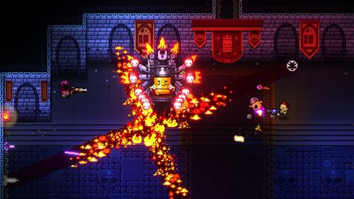 Escena de arte de píxeles de una batalla de jefe. Fuego, personajes disparando y estructura de ladrillos.