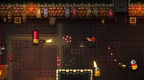 Escena de juego pixelada. Un personaje con arma dispara a enemigos. Efectos de explosión y fuego.