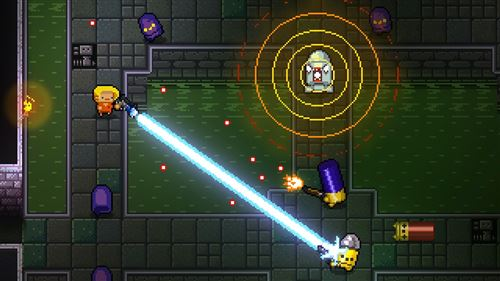 Escena pixelada de videojuego con un personaje disparando un láser azul.