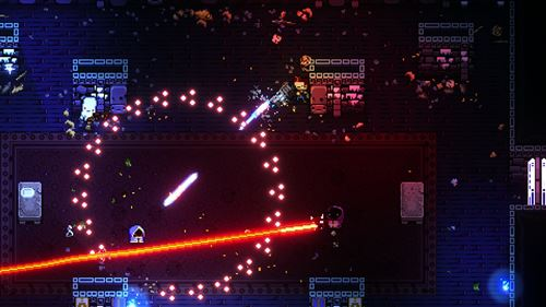 Escena de videojuego pixelada con personajes disparando láseres.