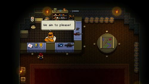 Vista desde arriba de una escena de juego, con un bar y personajes.