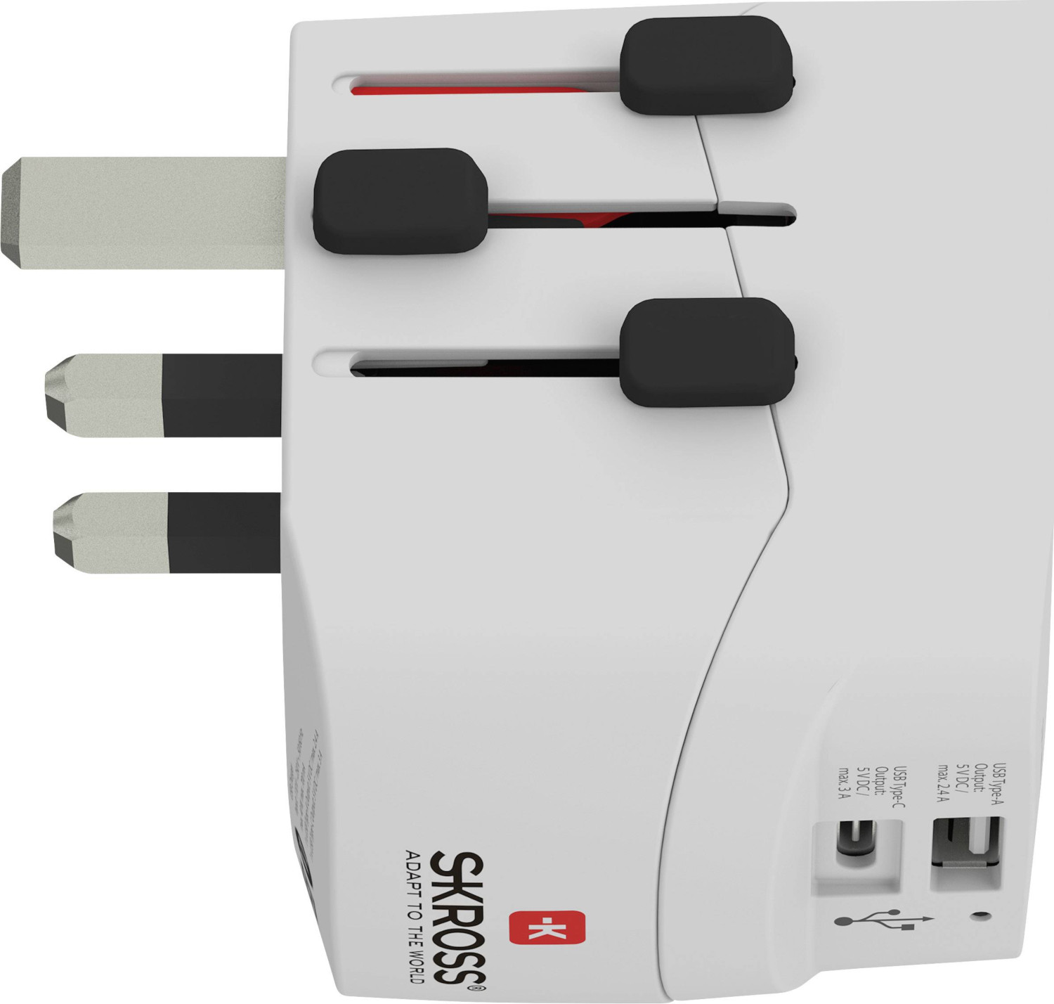 Witte universele adapter met zwarte stekkers en USB-poorten.