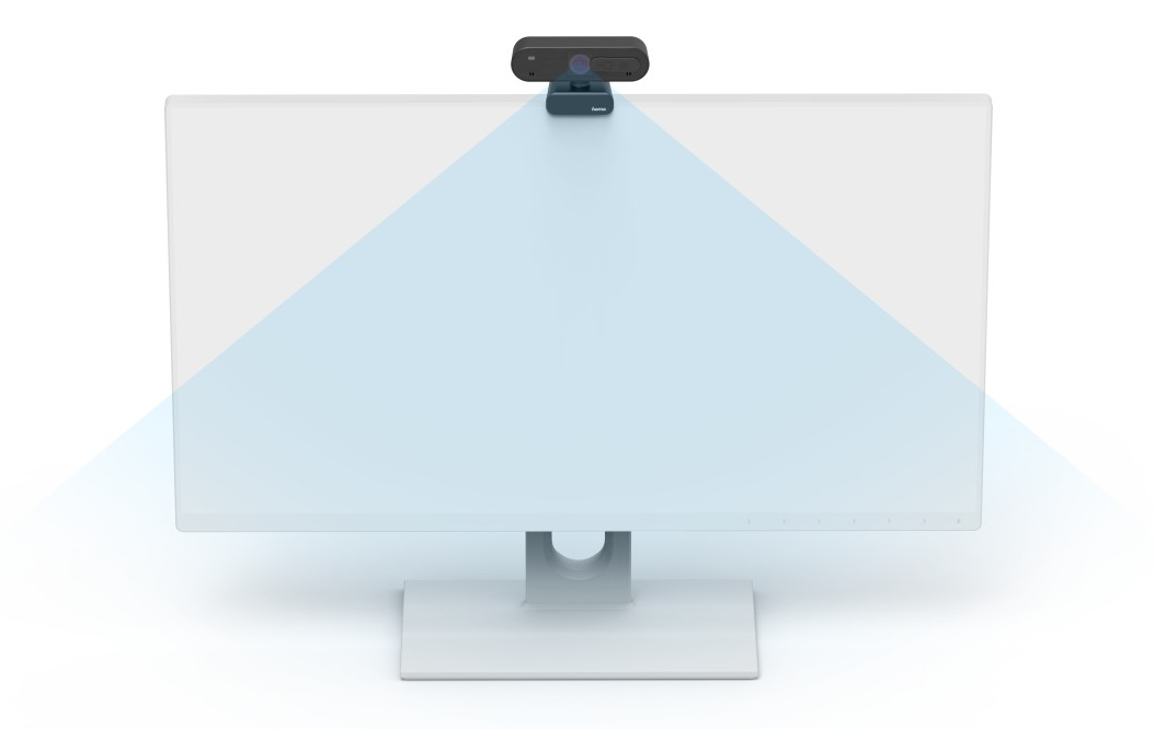 Egy webkamera egy számítógép monitor tetejére szerelve. Egy kék terület jelzi a webkamera látómezőjét.