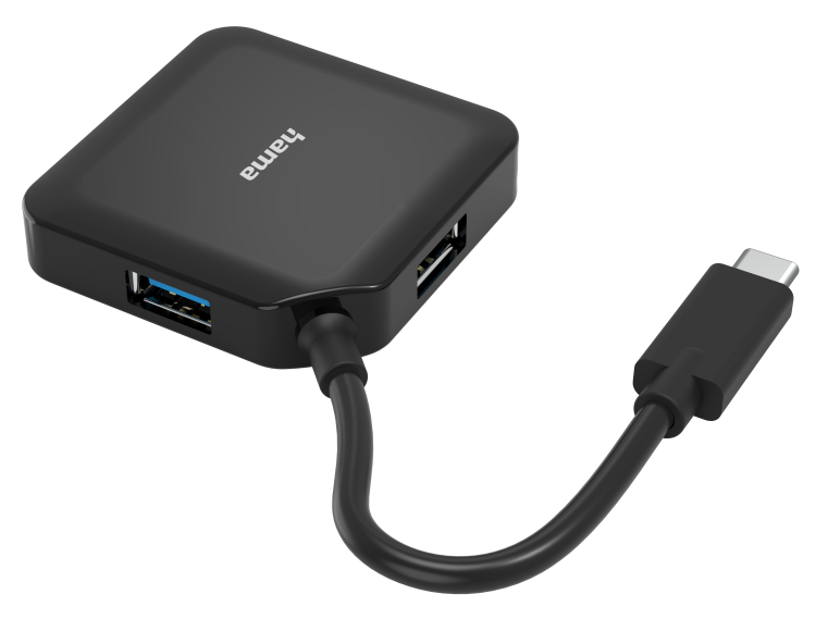 Egy fekete USB-C hub USB portokkal.