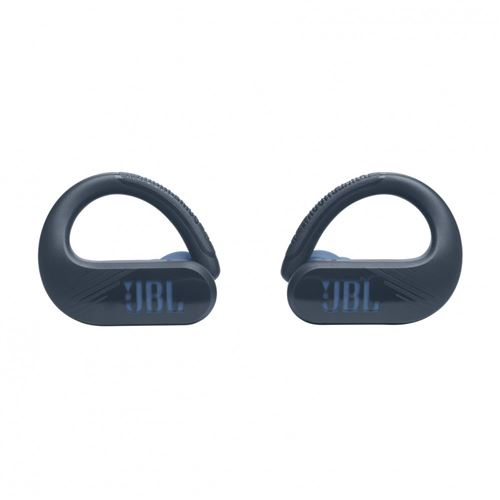 Dos auriculares JBL azul oscuro con ganchos para la oreja.