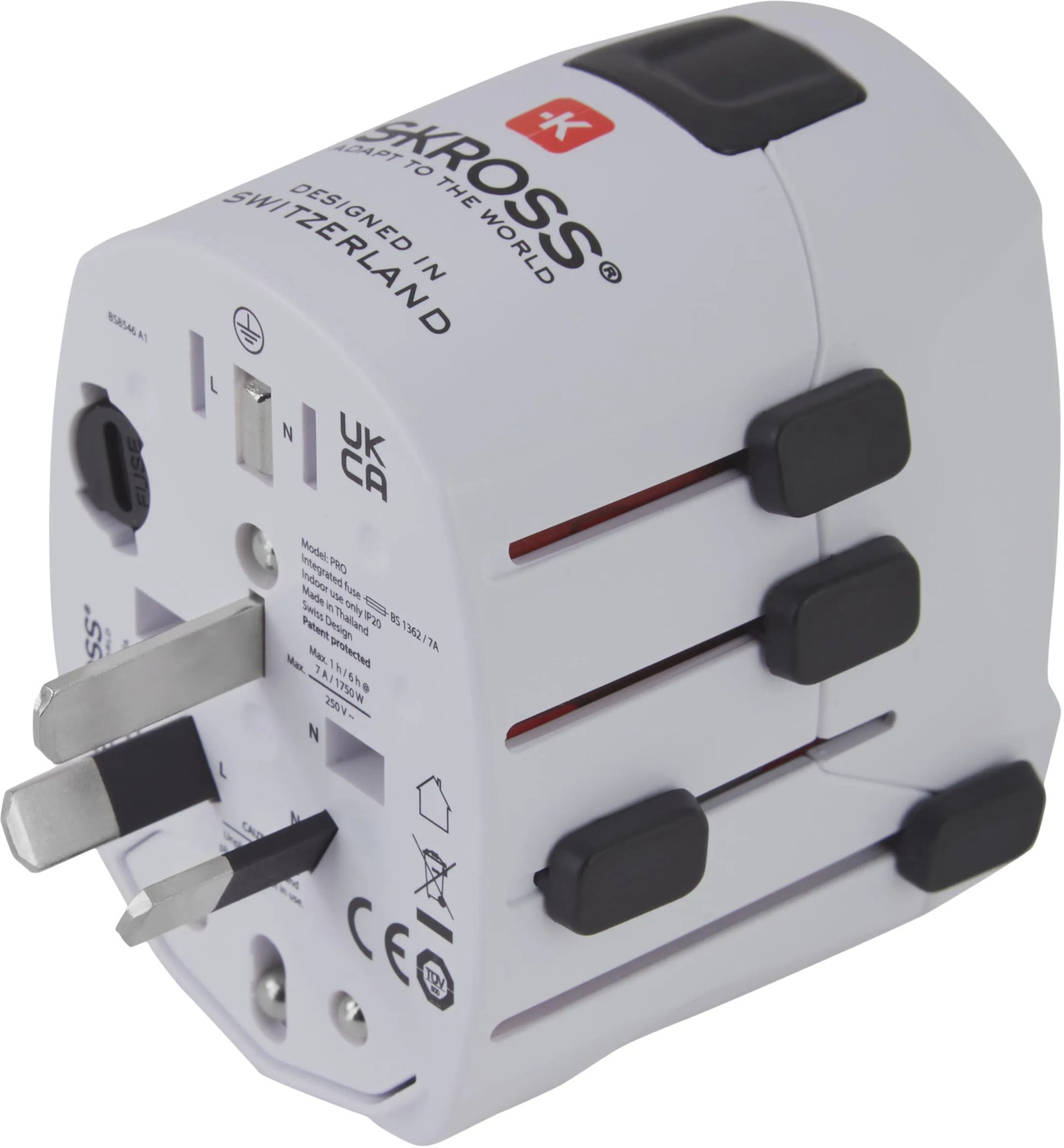 A white travel adapter with multiple plug configurations and a red stripe design.