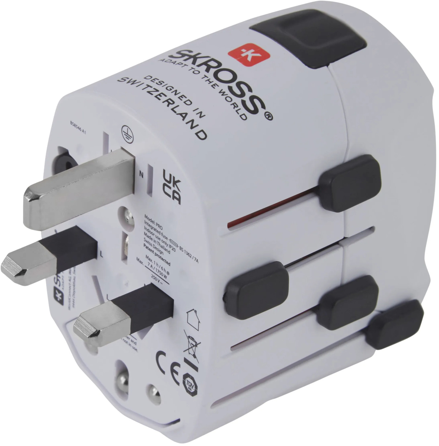 White travel adapter with multiple plugs and ports. It has a SKROSS logo.