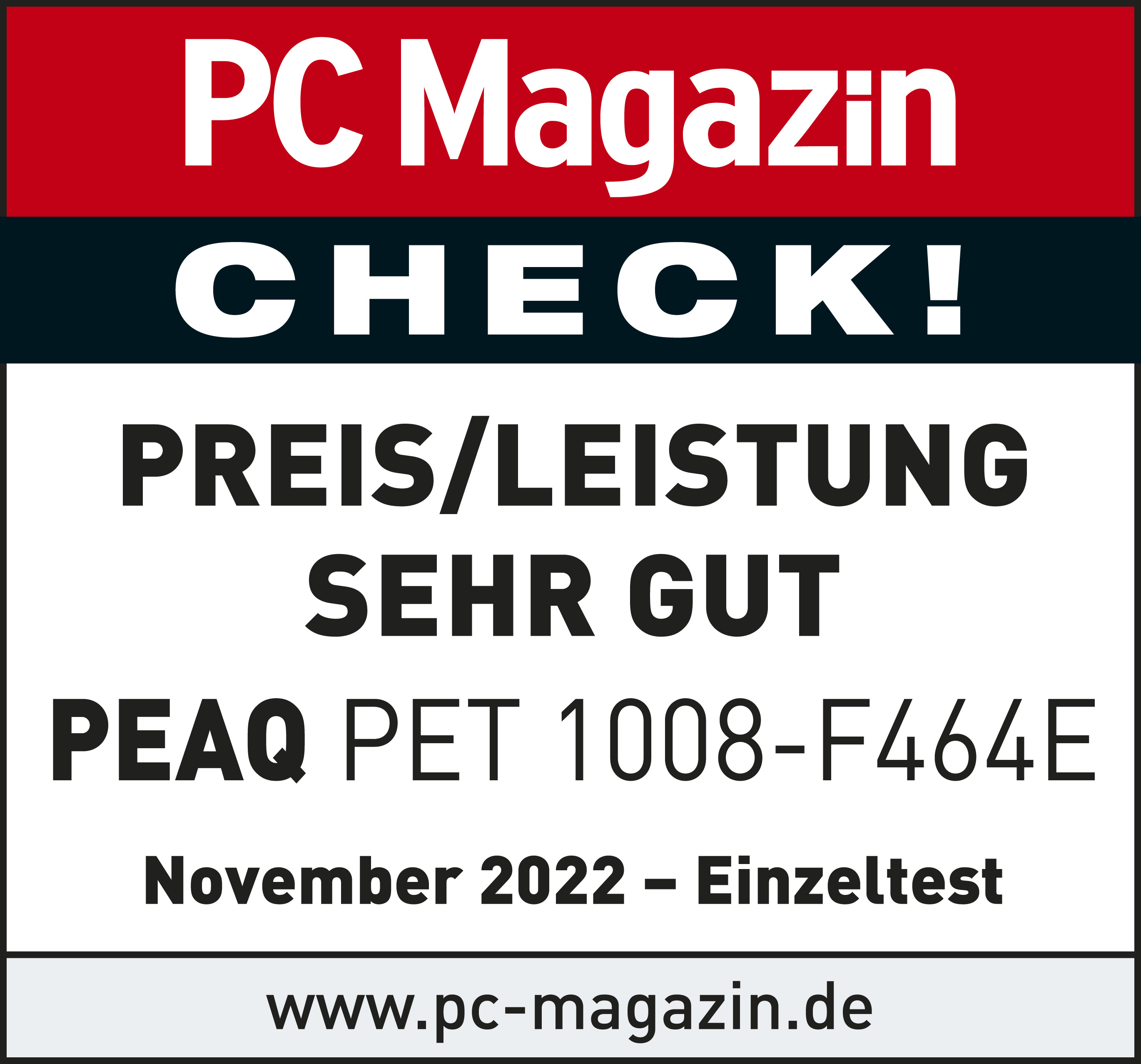 PC Magazin Logo, 'CHECK!', 'Preis/Leistung SEHR GUT', Produktdetails und Website.