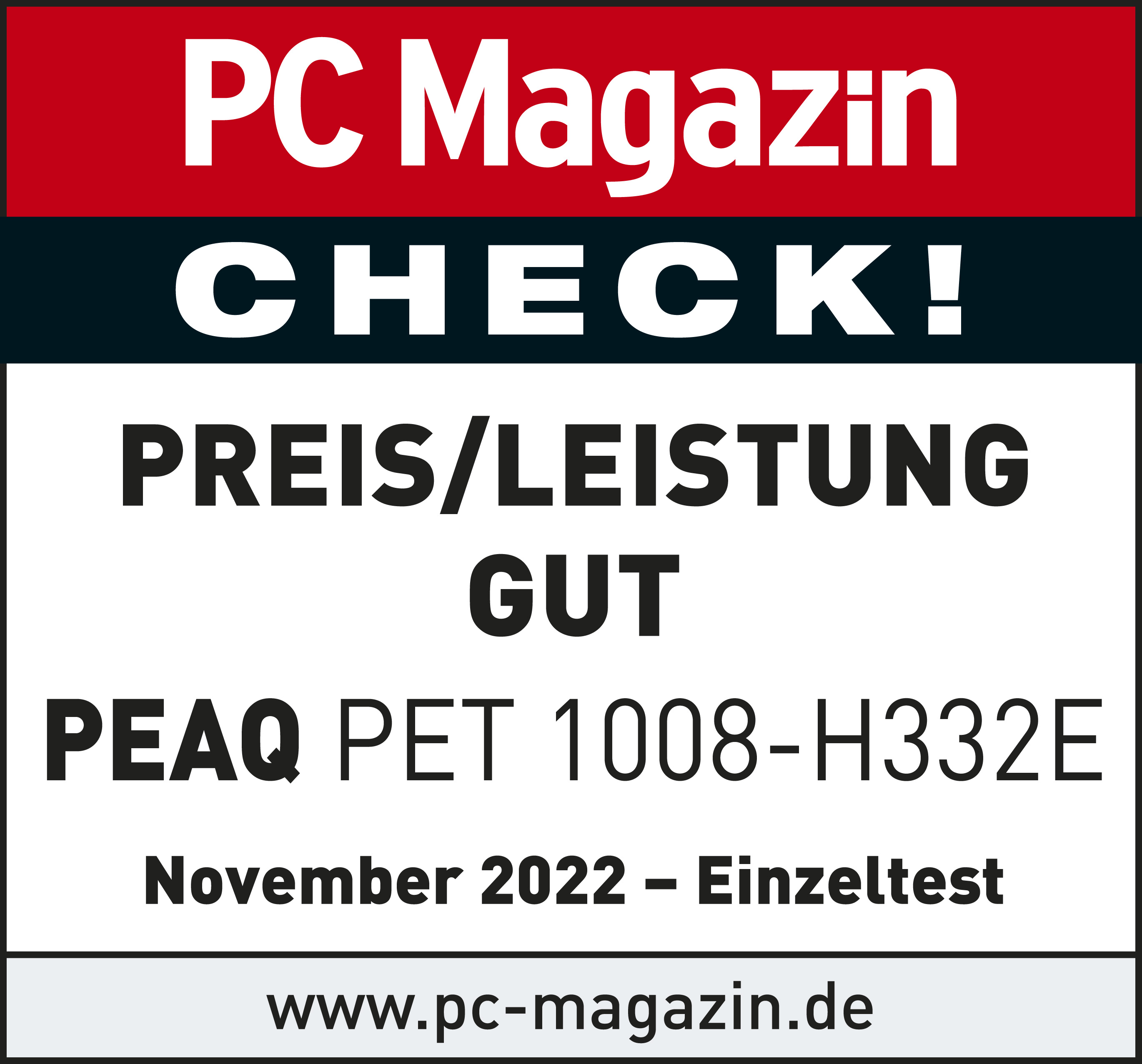 PC Magazin Check mit Text 'Preis/Leistung Gut', PEAQ PET 1008-H332E und 'November 2022'.