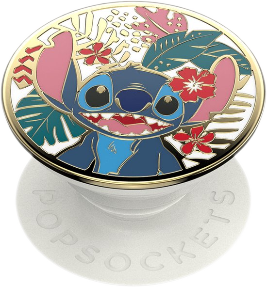 Een Stitch PopSocket met Stitch-ontwerp, omringd door bloemen en bladeren, op een witte basis.